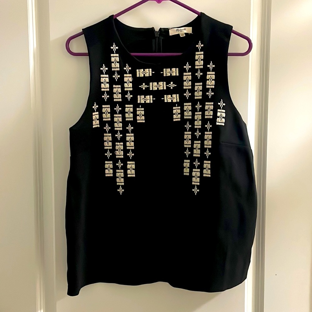 Madewell structured black top with embroidery